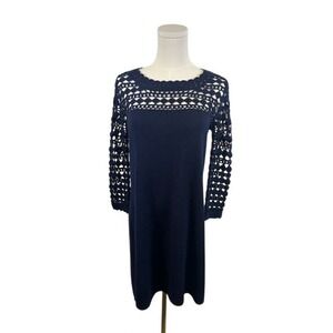 Lilly Pulitzer Merino Wool Crochet Sleeve Knit Dress Navy Blue Size Medium